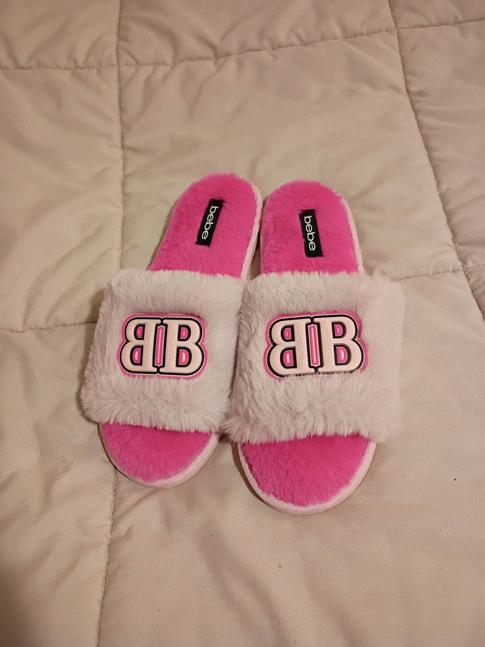 bebe Faux Fur Logo Slide Slippers Pink